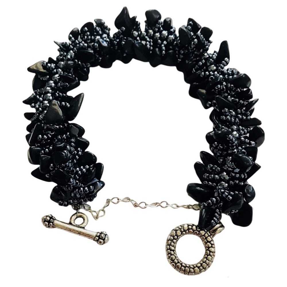 Vintage Boho Black Oynx Beaded Chic Toggle Bracelet Sz 8.5